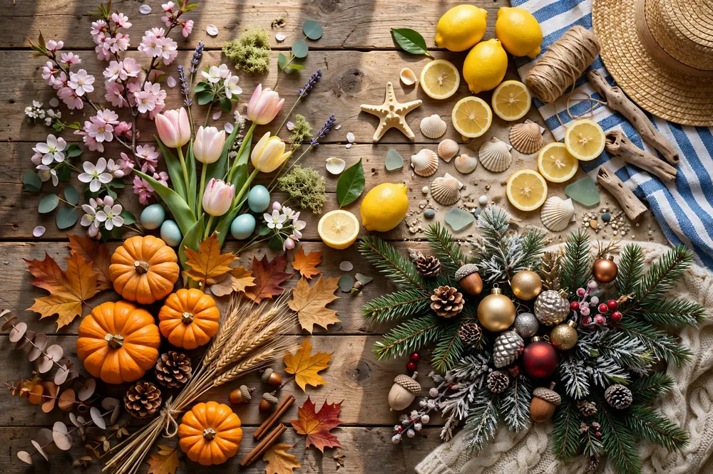 Composition des quatre saisons : fleurs de printemps, citrons et coquillages d’été, citrouilles d’automne et décorations de Noël d’hiver sur une table en bois