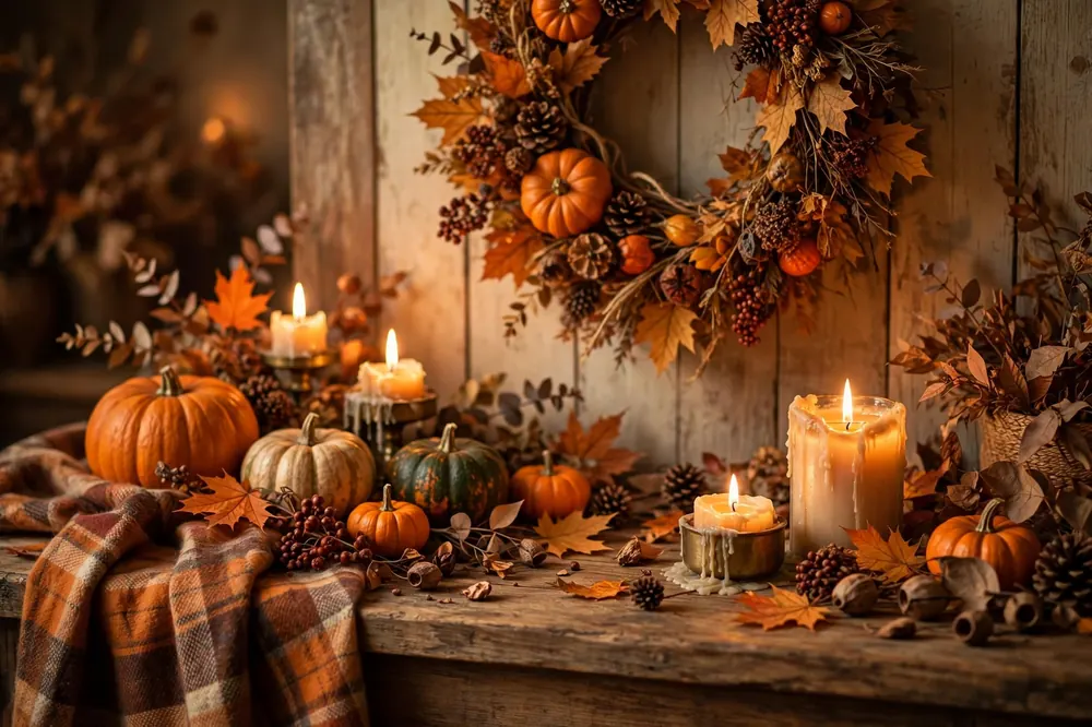 Décorations d’automne et d’Halloween : citrouilles, feuilles et bougies